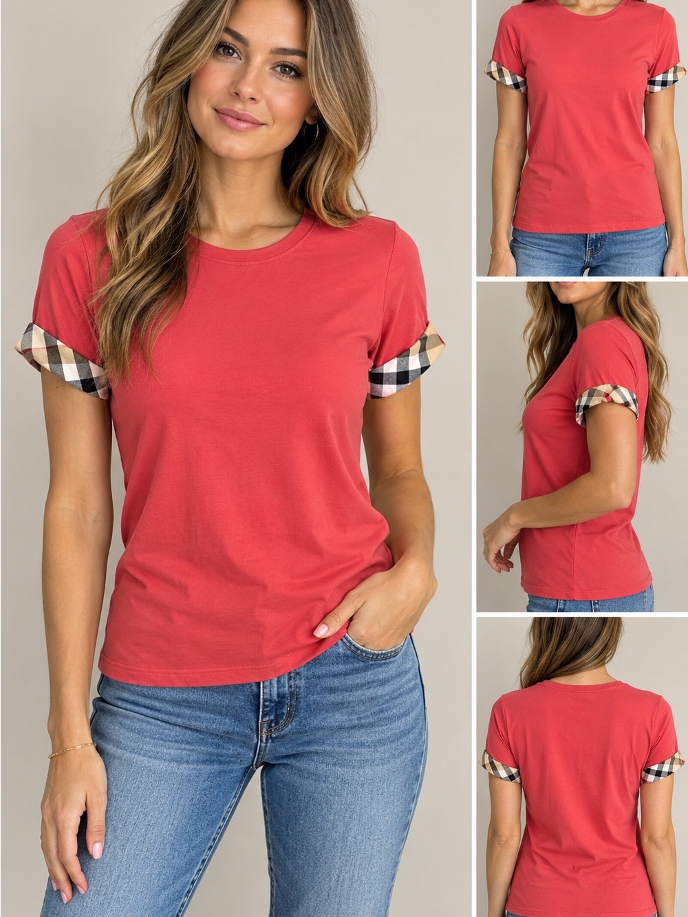 Burberry Coral Short Sleeve Tee with Signature Check Cuff